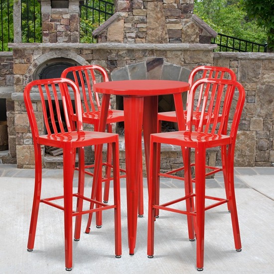 Commercial Grade 24" Round Red Metal Indoor-Outdoor Bar Table Set with 4 Vertical Slat Back Stools