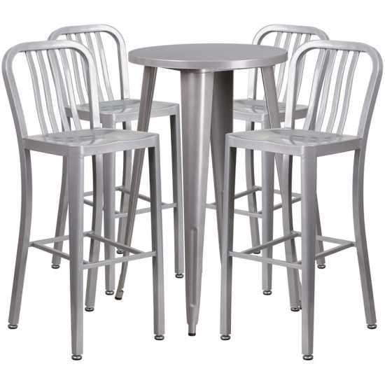 Commercial Grade 24" Round Silver Metal Indoor-Outdoor Bar Table Set with 4 Vertical Slat Back Stools