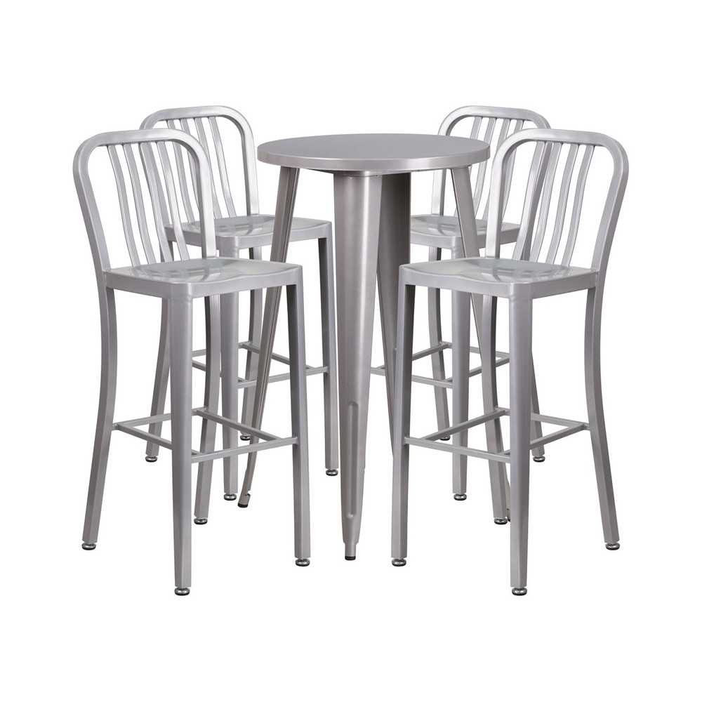 Commercial Grade 24" Round Silver Metal Indoor-Outdoor Bar Table Set with 4 Vertical Slat Back Stools