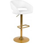 Contemporary White Vinyl Adjustable Height Barstool with Rounded Mid-Back and Gold Base