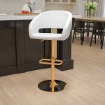 Contemporary White Vinyl Adjustable Height Barstool with Rounded Mid-Back and Gold Base