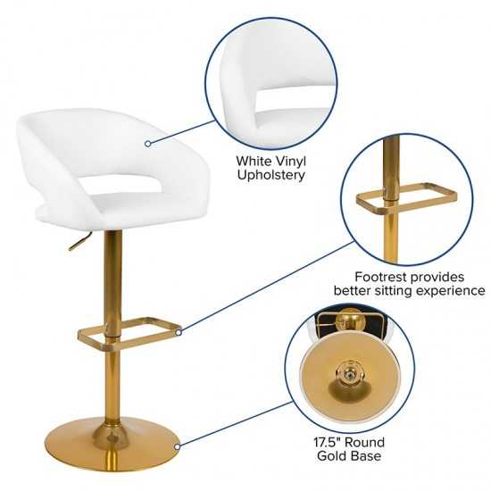 Contemporary White Vinyl Adjustable Height Barstool with Rounded Mid-Back and Gold Base