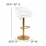 Contemporary White Vinyl Adjustable Height Barstool with Rounded Mid-Back and Gold Base