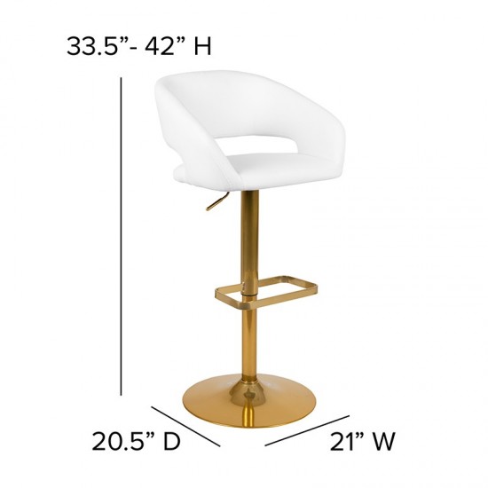 Contemporary White Vinyl Adjustable Height Barstool with Rounded Mid-Back and Gold Base
