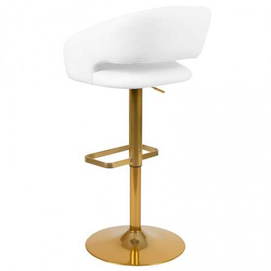 Contemporary White Vinyl Adjustable Height Barstool with Rounded Mid-Back and Gold Base