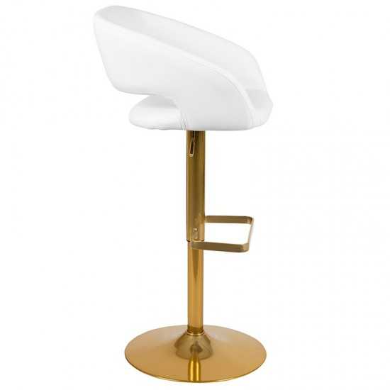 Contemporary White Vinyl Adjustable Height Barstool with Rounded Mid-Back and Gold Base