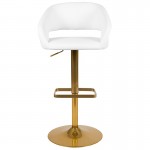 Contemporary White Vinyl Adjustable Height Barstool with Rounded Mid-Back and Gold Base
