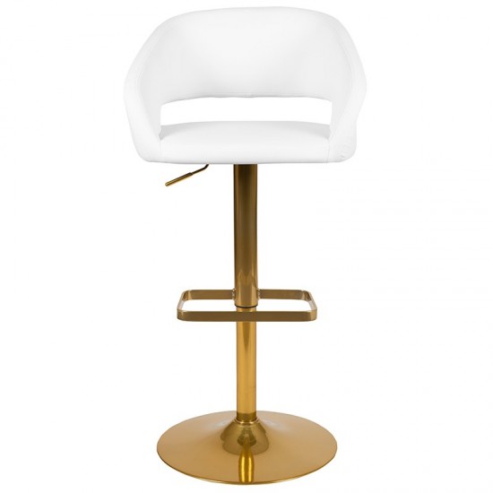 Contemporary White Vinyl Adjustable Height Barstool with Rounded Mid-Back and Gold Base