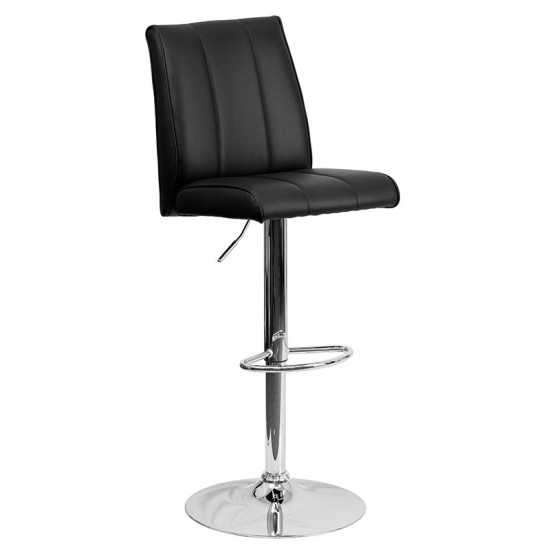 Contemporary Black Vinyl Adjustable Height Barstool with Vertical Stitch Panel Back and Chrome Base