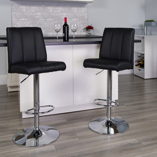 Contemporary Black Vinyl Adjustable Height Barstool with Vertical Stitch Panel Back and Chrome Base