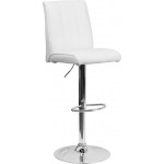 Contemporary White Vinyl Adjustable Height Barstool with Vertical Stitch Panel Back and Chrome Base