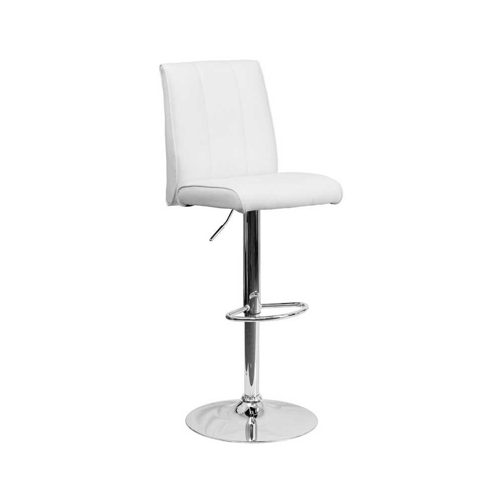 Contemporary White Vinyl Adjustable Height Barstool with Vertical Stitch Panel Back and Chrome Base Contemporary White Vinyl Adjustable Height Barstool with Vertical Stitch Panel Back and Chrome Base