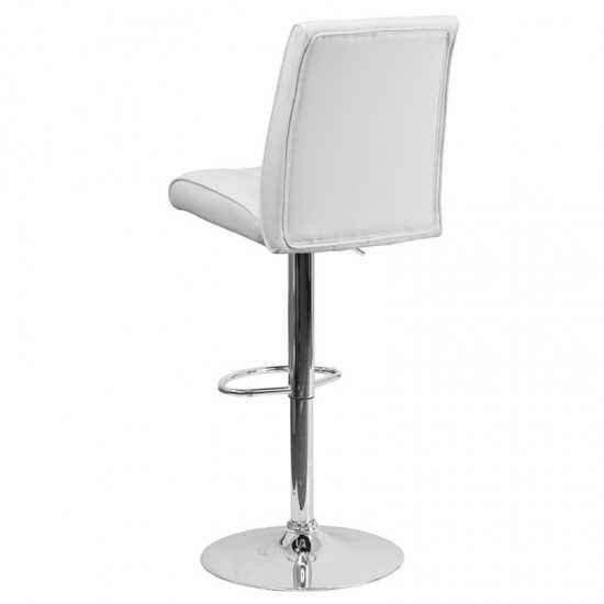 Contemporary White Vinyl Adjustable Height Barstool with Vertical Stitch Panel Back and Chrome Base