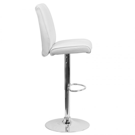 Contemporary White Vinyl Adjustable Height Barstool with Vertical Stitch Panel Back and Chrome Base