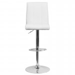 Contemporary White Vinyl Adjustable Height Barstool with Vertical Stitch Panel Back and Chrome Base