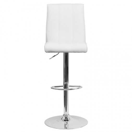 Contemporary White Vinyl Adjustable Height Barstool with Vertical Stitch Panel Back and Chrome Base