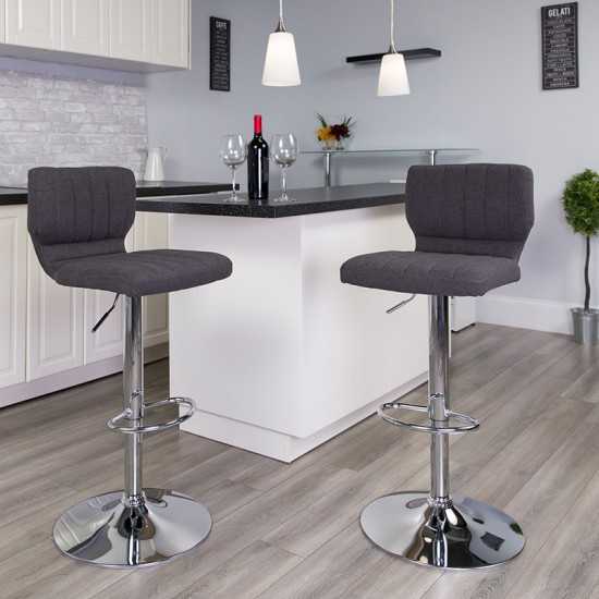 Contemporary Charcoal Fabric Adjustable Height Barstool with Vertical Stitch Back and Chrome Base