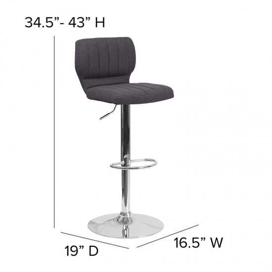 Contemporary Charcoal Fabric Adjustable Height Barstool with Vertical Stitch Back and Chrome Base