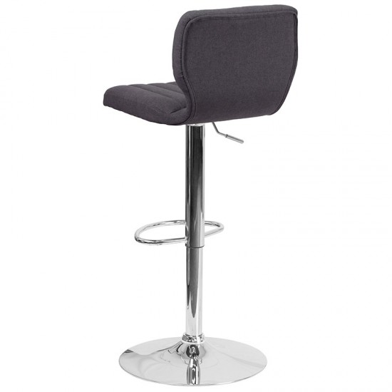 Contemporary Charcoal Fabric Adjustable Height Barstool with Vertical Stitch Back and Chrome Base