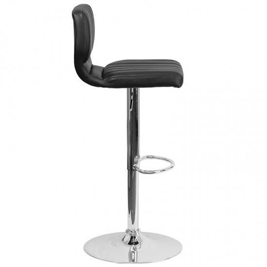 Contemporary Black Vinyl Adjustable Height Barstool with Vertical Stitch Back and Chrome Base