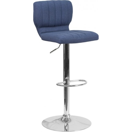 Contemporary Blue Fabric Adjustable Height Barstool with Vertical Stitch Back and Chrome Base