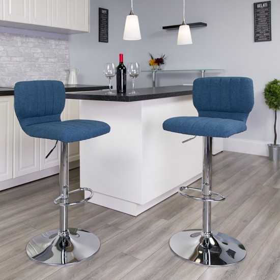 Contemporary Blue Fabric Adjustable Height Barstool with Vertical Stitch Back and Chrome Base