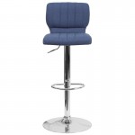 Contemporary Blue Fabric Adjustable Height Barstool with Vertical Stitch Back and Chrome Base