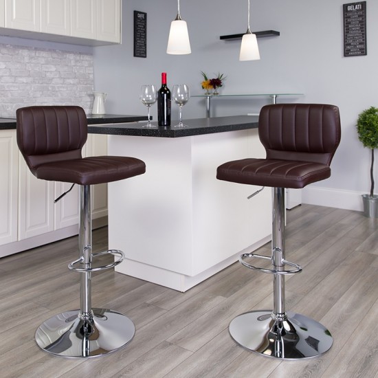 Contemporary Brown Vinyl Adjustable Height Barstool with Vertical Stitch Back and Chrome Base