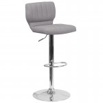 Contemporary Gray Fabric Adjustable Height Barstool with Vertical Stitch Back and Chrome Base