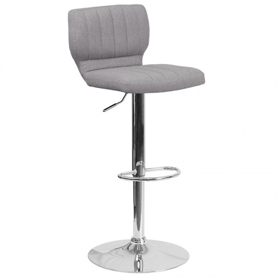 Contemporary Gray Fabric Adjustable Height Barstool with Vertical Stitch Back and Chrome Base