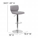 Contemporary Gray Fabric Adjustable Height Barstool with Vertical Stitch Back and Chrome Base