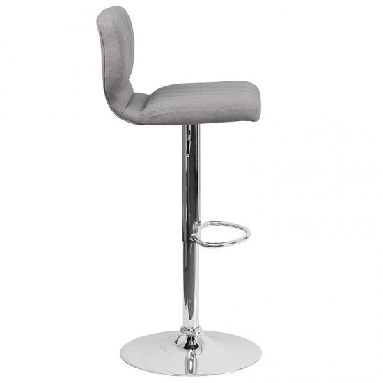 Contemporary Gray Fabric Adjustable Height Barstool with Vertical Stitch Back and Chrome Base