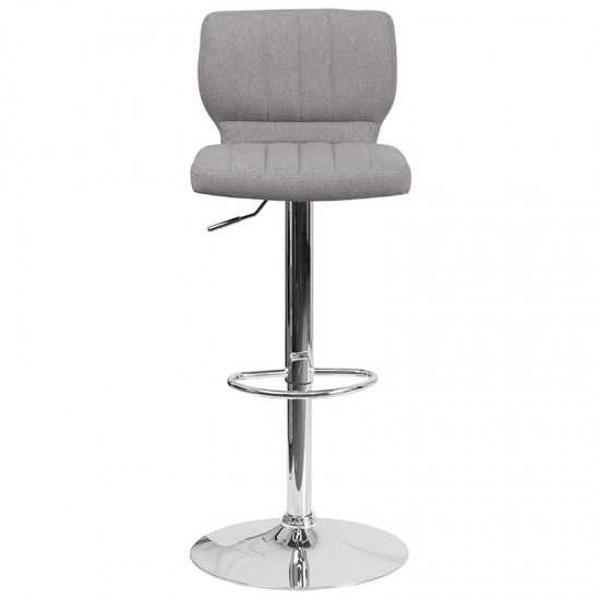 Contemporary Gray Fabric Adjustable Height Barstool with Vertical Stitch Back and Chrome Base