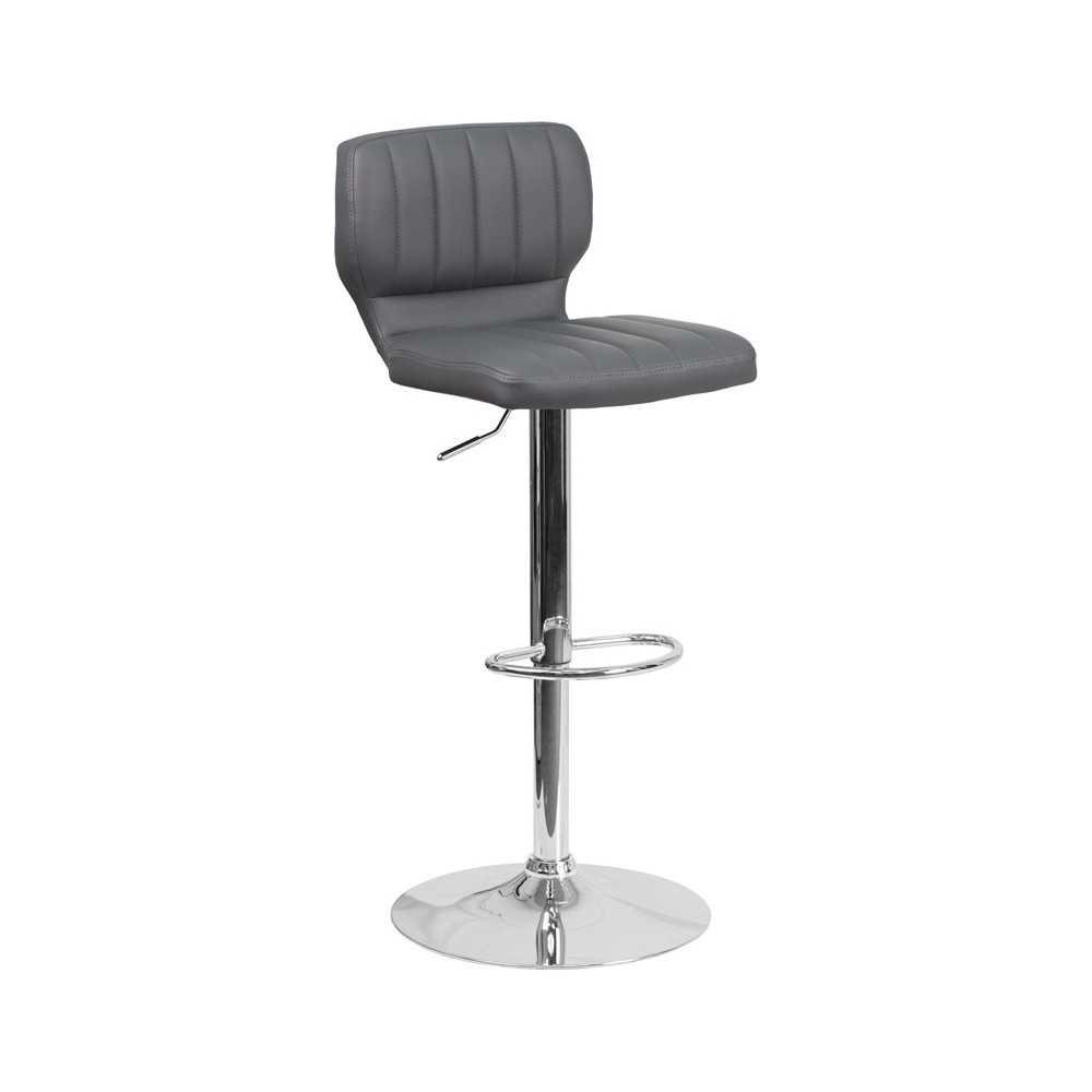 Contemporary Gray Vinyl Adjustable Height Barstool with Vertical Stitch Back and Chrome Base