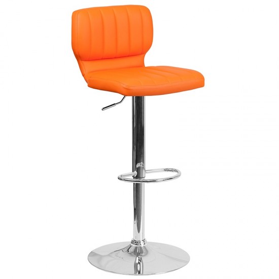 Contemporary Orange Vinyl Adjustable Height Barstool with Vertical Stitch Back and Chrome Base