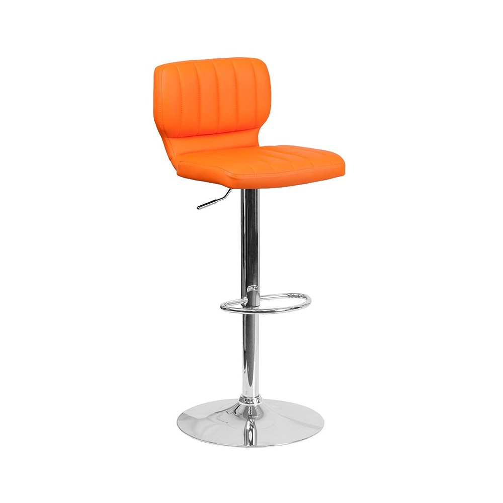 Contemporary Orange Vinyl Adjustable Height Barstool with Vertical Stitch Back and Chrome Base Contemporary Orange Vinyl Adjustable Height Barstool with Vertical Stitch Back and Chrome Base