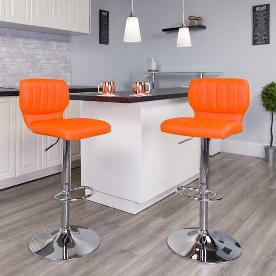 Contemporary Orange Vinyl Adjustable Height Barstool with Vertical Stitch Back and Chrome Base