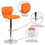 Contemporary Orange Vinyl Adjustable Height Barstool with Vertical Stitch Back and Chrome Base