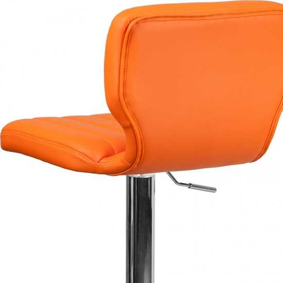 Contemporary Orange Vinyl Adjustable Height Barstool with Vertical Stitch Back and Chrome Base