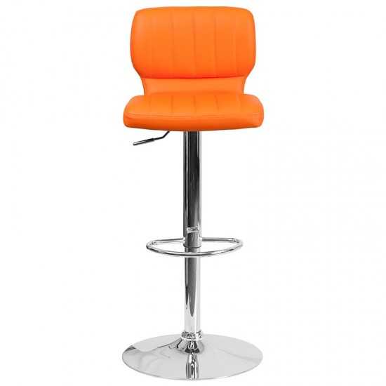 Contemporary Orange Vinyl Adjustable Height Barstool with Vertical Stitch Back and Chrome Base