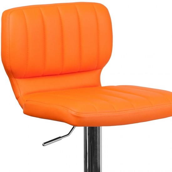 Contemporary Orange Vinyl Adjustable Height Barstool with Vertical Stitch Back and Chrome Base