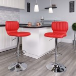 Contemporary Red Vinyl Adjustable Height Barstool with Vertical Stitch Back and Chrome Base