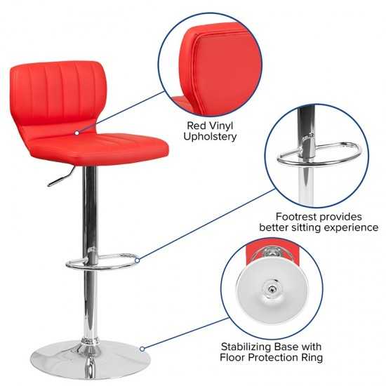 Contemporary Red Vinyl Adjustable Height Barstool with Vertical Stitch Back and Chrome Base