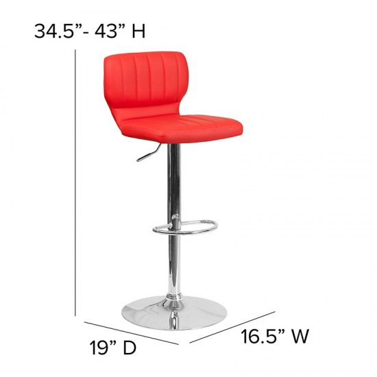 Contemporary Red Vinyl Adjustable Height Barstool with Vertical Stitch Back and Chrome Base