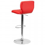 Contemporary Red Vinyl Adjustable Height Barstool with Vertical Stitch Back and Chrome Base