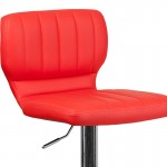 Contemporary Red Vinyl Adjustable Height Barstool with Vertical Stitch Back and Chrome Base