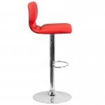 Contemporary Red Vinyl Adjustable Height Barstool with Vertical Stitch Back and Chrome Base