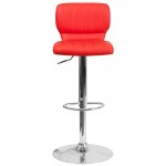 Contemporary Red Vinyl Adjustable Height Barstool with Vertical Stitch Back and Chrome Base