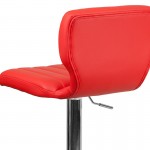 Contemporary Red Vinyl Adjustable Height Barstool with Vertical Stitch Back and Chrome Base