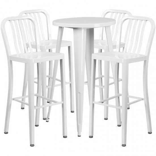 Commercial Grade 24" Round White Metal Indoor-Outdoor Bar Table Set with 4 Vertical Slat Back Stools